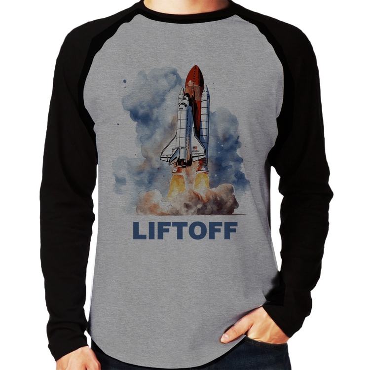 Camiseta Raglan Liftoff: Lançamento do Ônibus Espacial Manga Longa - Cinza/Preto