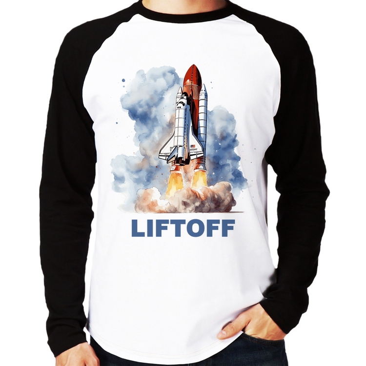 Camiseta Raglan Liftoff: Lançamento do Ônibus Espacial Manga Longa