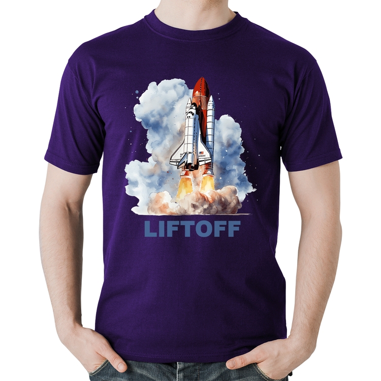 Camiseta Algodão Liftoff: Lançamento do Ônibus Espacial - Roxa