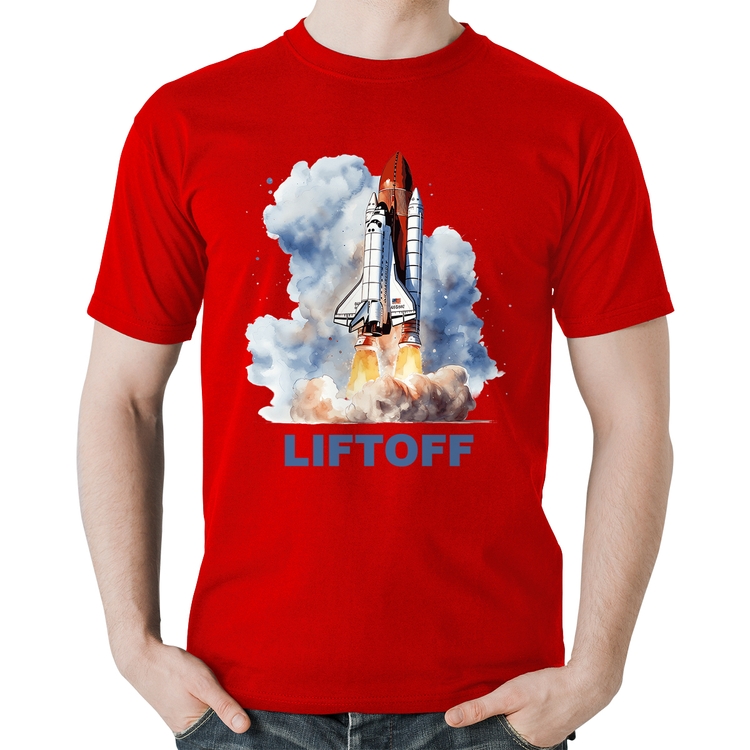 Camiseta Algodão Liftoff: Lançamento do Ônibus Espacial - Vermelha
