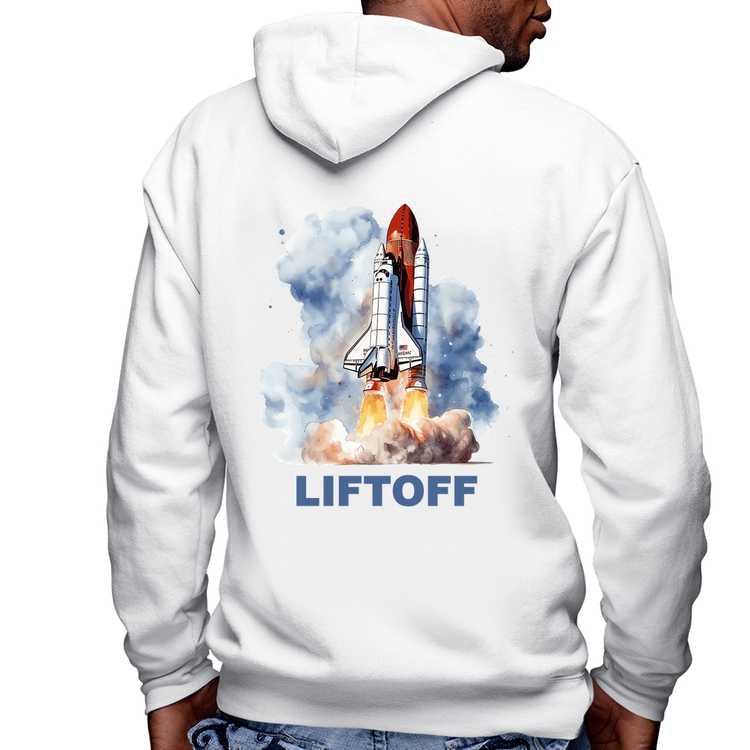 Blusa Moletom Liftoff: Lançamento do Ônibus Espacial Masculina com Capuz e Zíper - Branca