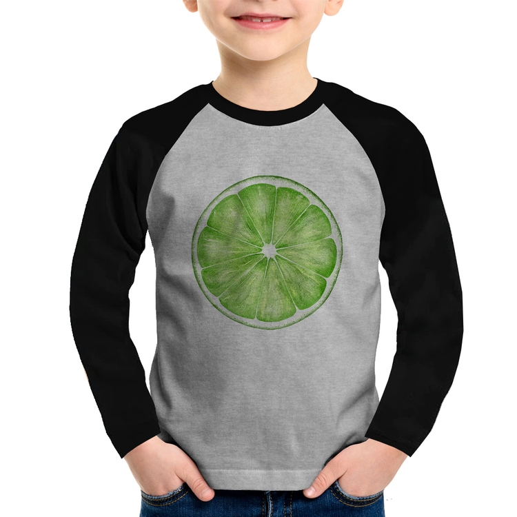 Camiseta Raglan Infantil Limão Manga Longa - Cinza/Preto