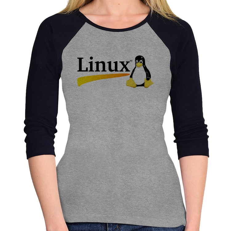 Baby Look Raglan Linux Manga 3/4 - Cinza/Preto