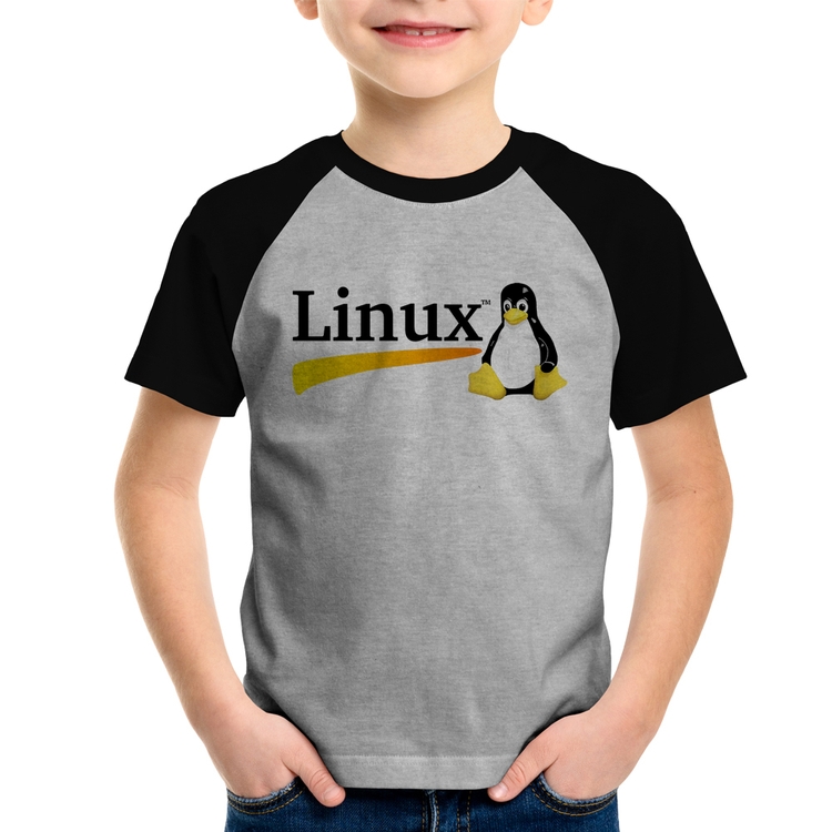 Camiseta Raglan Infantil Linux - Cinza/Preto