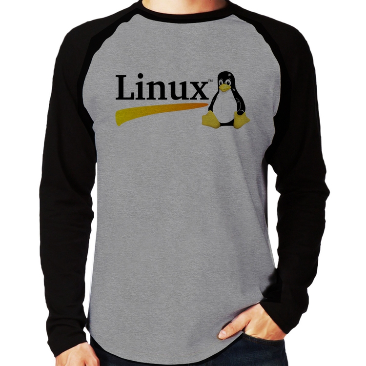 Camiseta Raglan Linux Manga Longa - Cinza/Preto