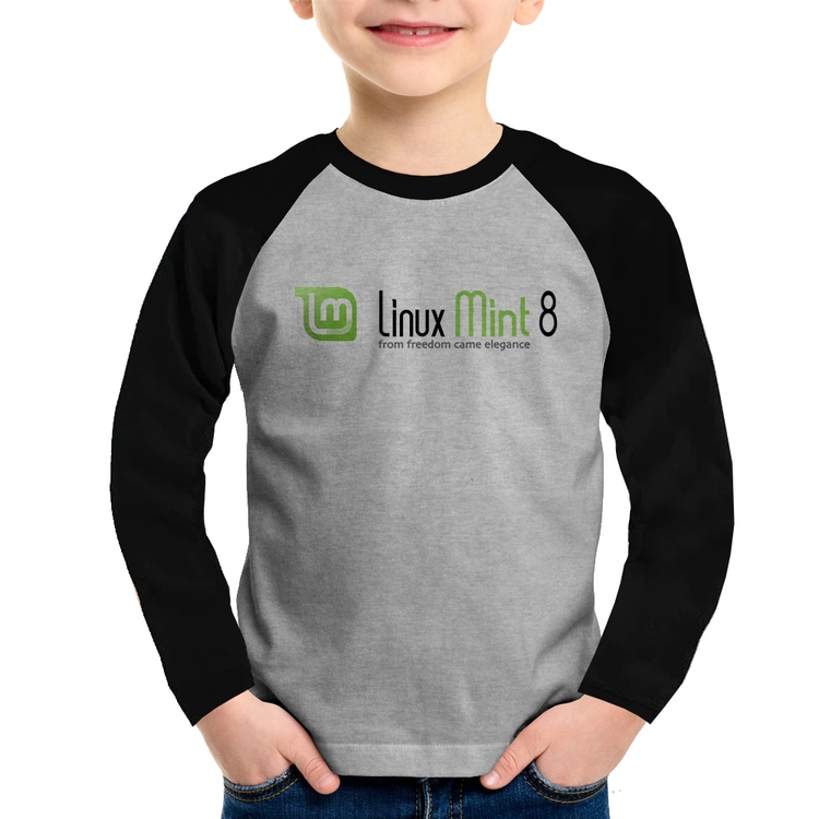 Camiseta Raglan Infantil Linux Mint 8 Helena Manga Longa - Cinza/Preto