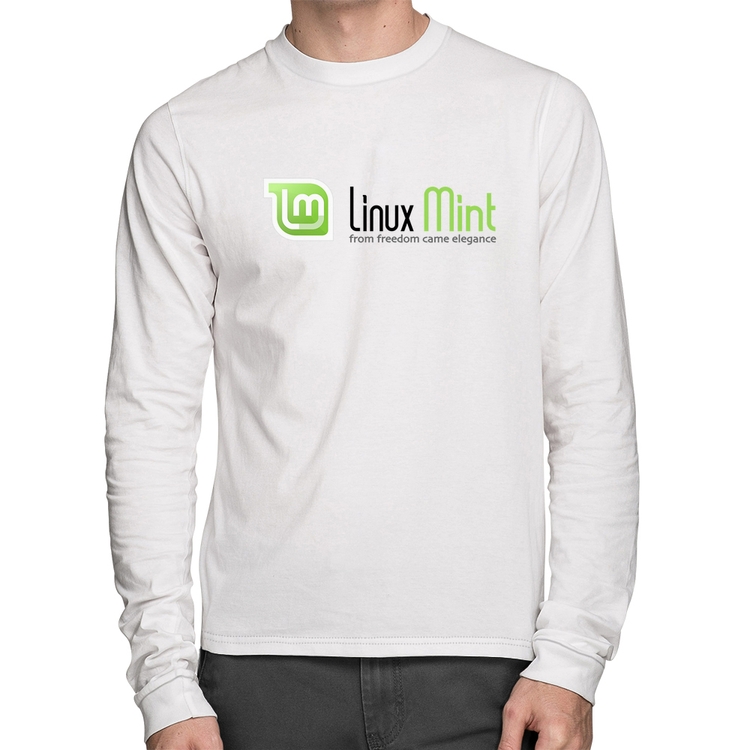Camiseta Algodão Linux Mint Manga Longa - Branca