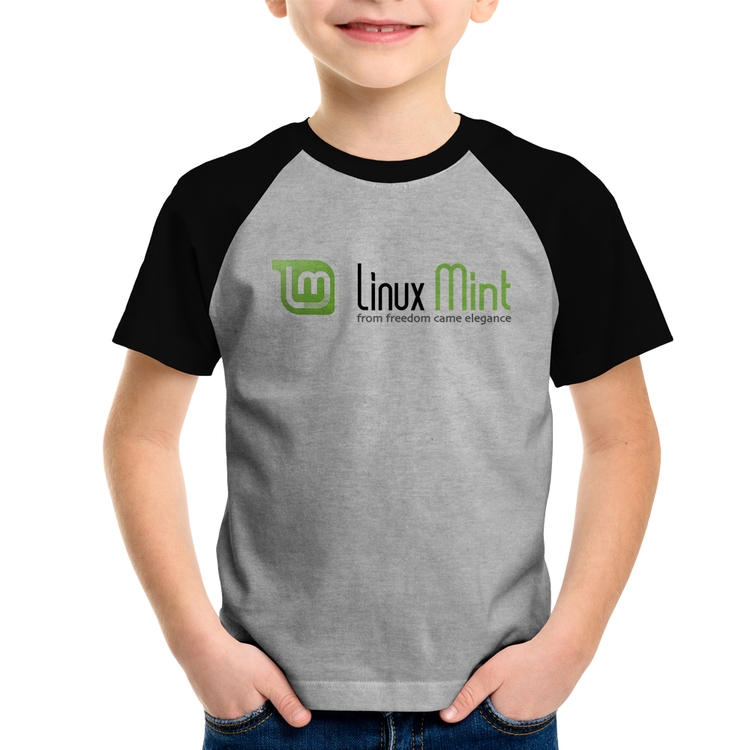 Camiseta Raglan Infantil Linux Mint - Cinza/Preto