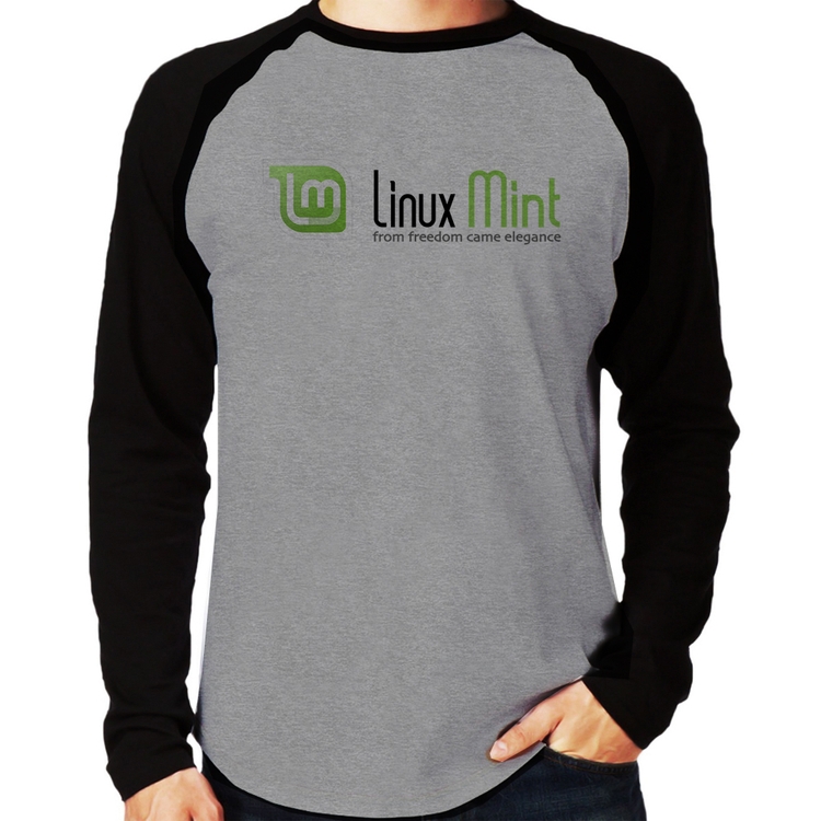 Camiseta Raglan Linux Mint Manga Longa - Cinza/Preto