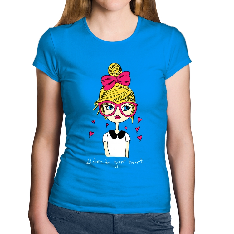 Baby Look Algodão Listen to your heart - Azul