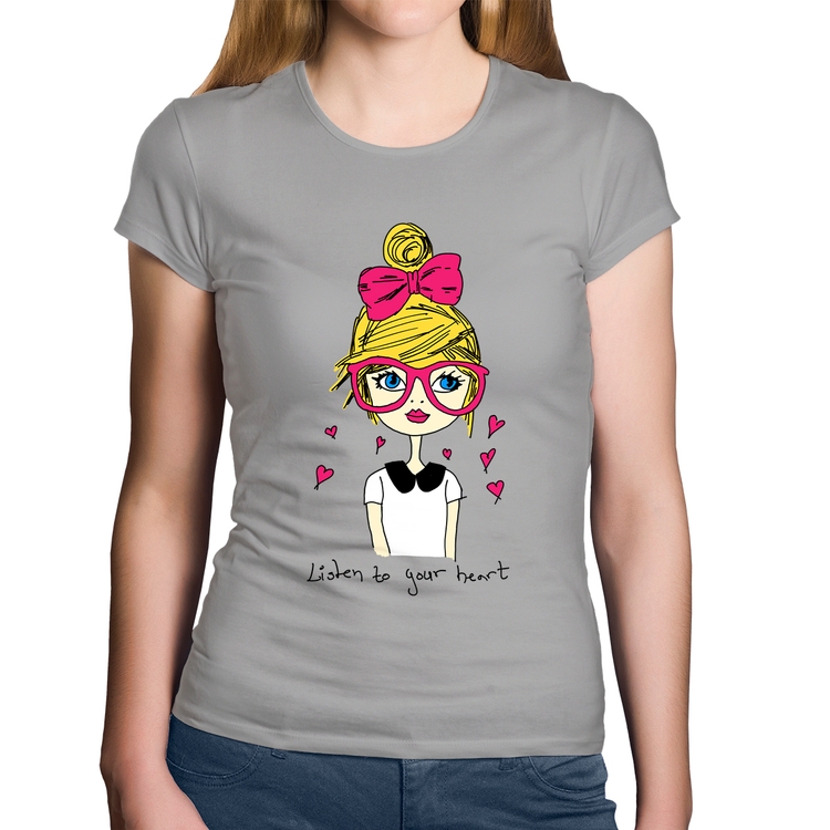 Baby Look Algodão Listen to your heart - Cinza