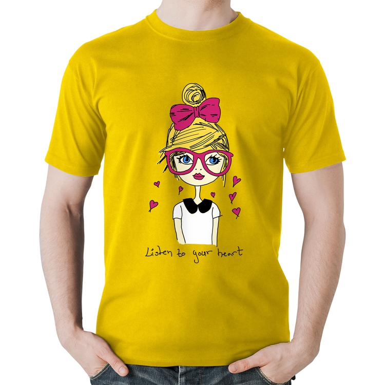 Camiseta Algodão Listen to your heart - Amarela