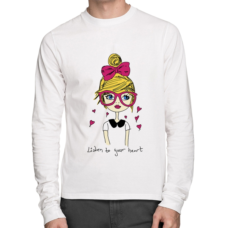 Camiseta Algodão Listen to your heart Manga Longa - Branca