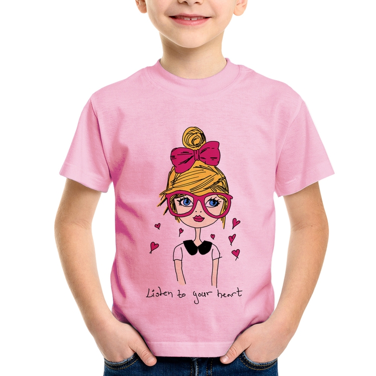 Camiseta Infantil Listen to your heart - Rosa Bebê