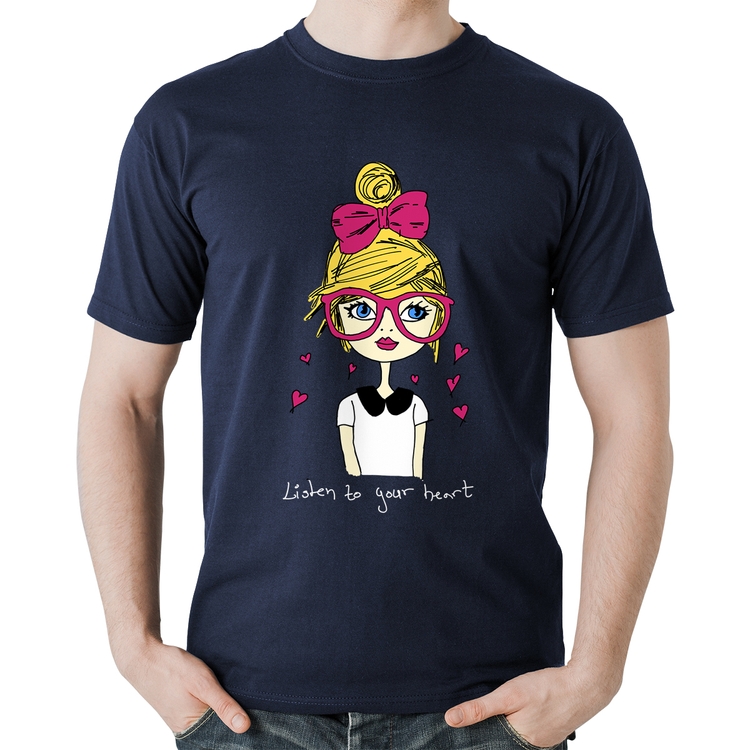 Camiseta Algodão Listen to your heart - Marinho
