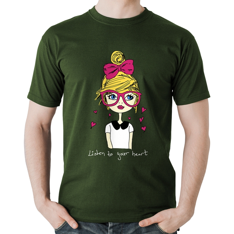 Camiseta Algodão Listen to your heart - Musgo