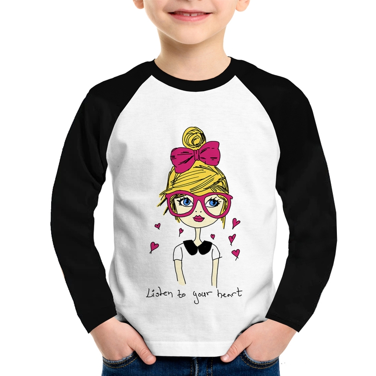 Camiseta Raglan Infantil Listen to your heart Manga Longa