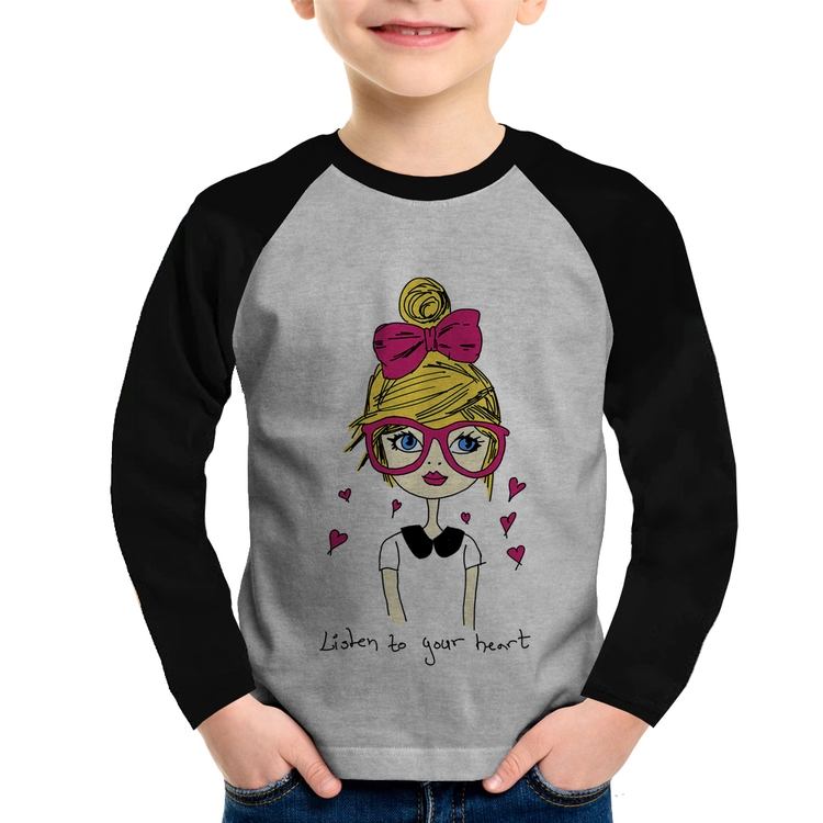 Camiseta Raglan Infantil Listen to your heart Manga Longa - Cinza/Preto