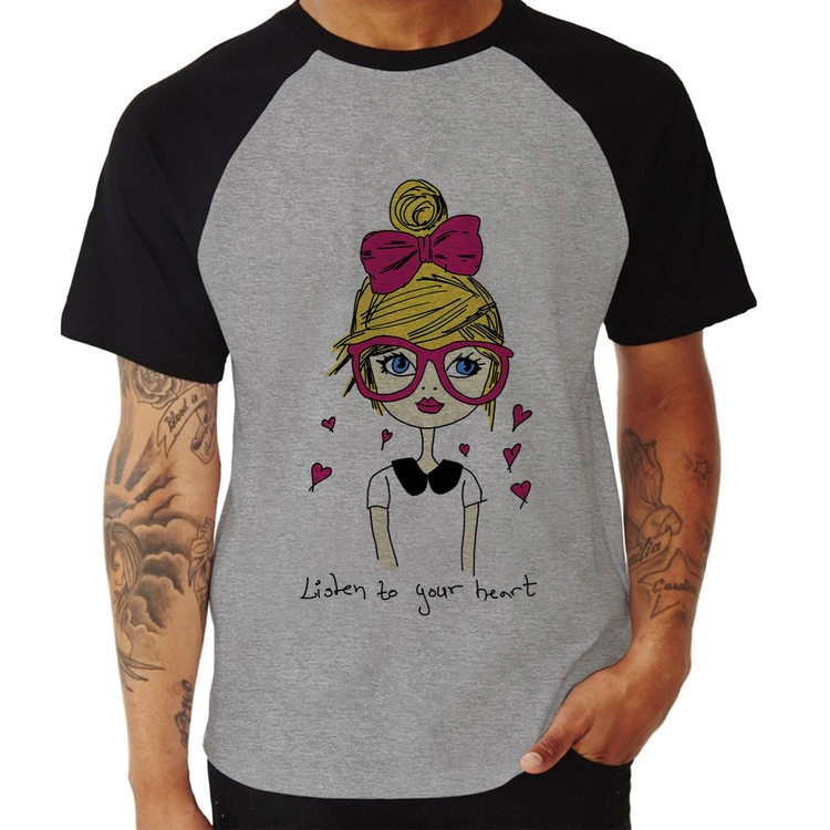 Camiseta Raglan Listen to your heart - Cinza/Preto