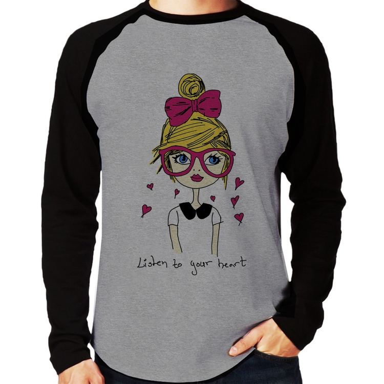 Camiseta Raglan Listen to your heart Manga Longa - Cinza/Preto