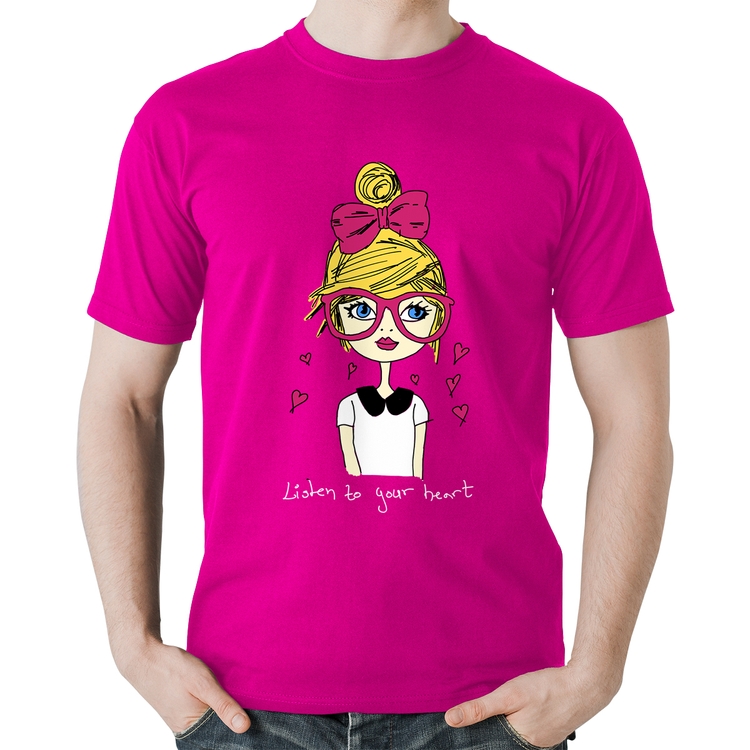 Camiseta Algodão Listen to your heart - Rosa
