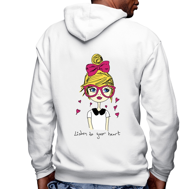 Blusa Moletom Listen to your heart Masculina com Capuz e Zíper - Branca