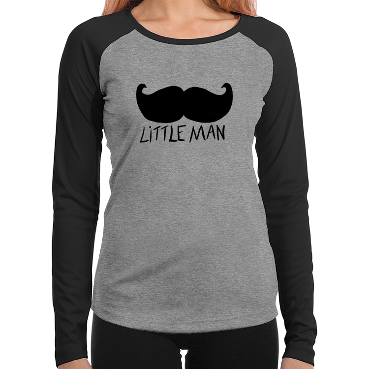 Baby Look Raglan Little Man Manga Longa - Cinza/Preto