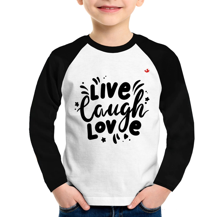 Camiseta Raglan Infantil Live Laugh Love Manga Longa