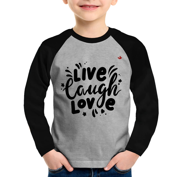 Camiseta Raglan Infantil Live Laugh Love Manga Longa - Cinza/Preto