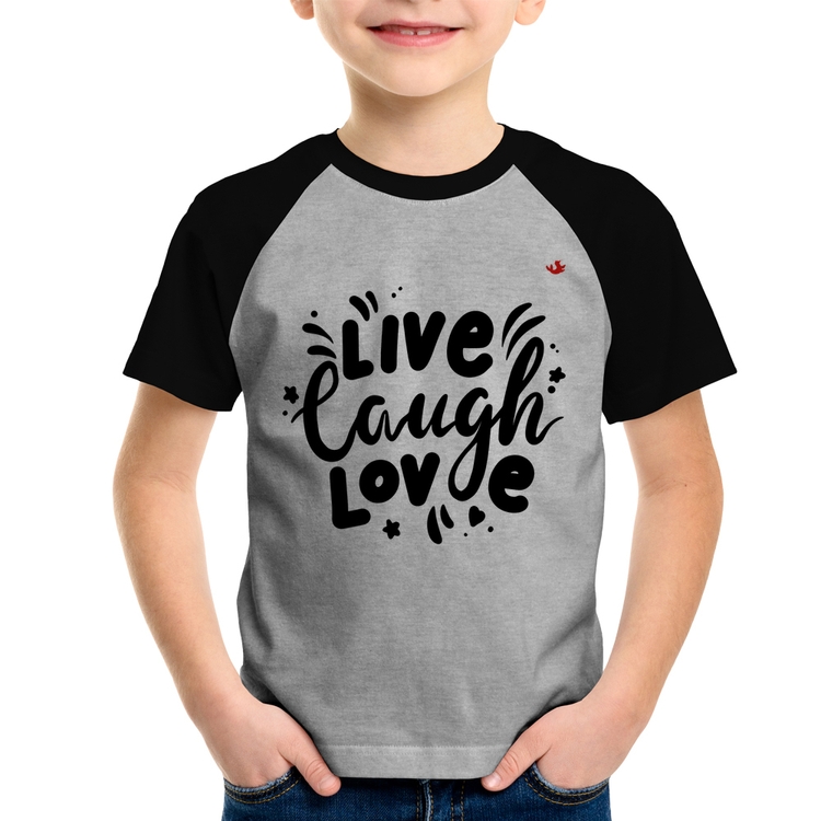Camiseta Raglan Infantil Live Laugh Love - Cinza/Preto