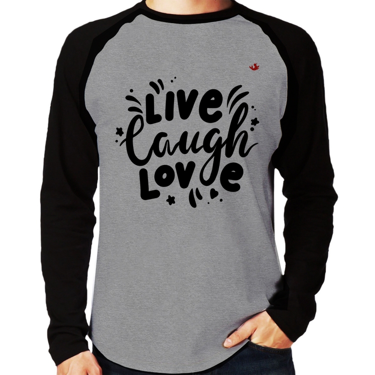 Camiseta Raglan Live Laugh Love Manga Longa - Cinza/Preto