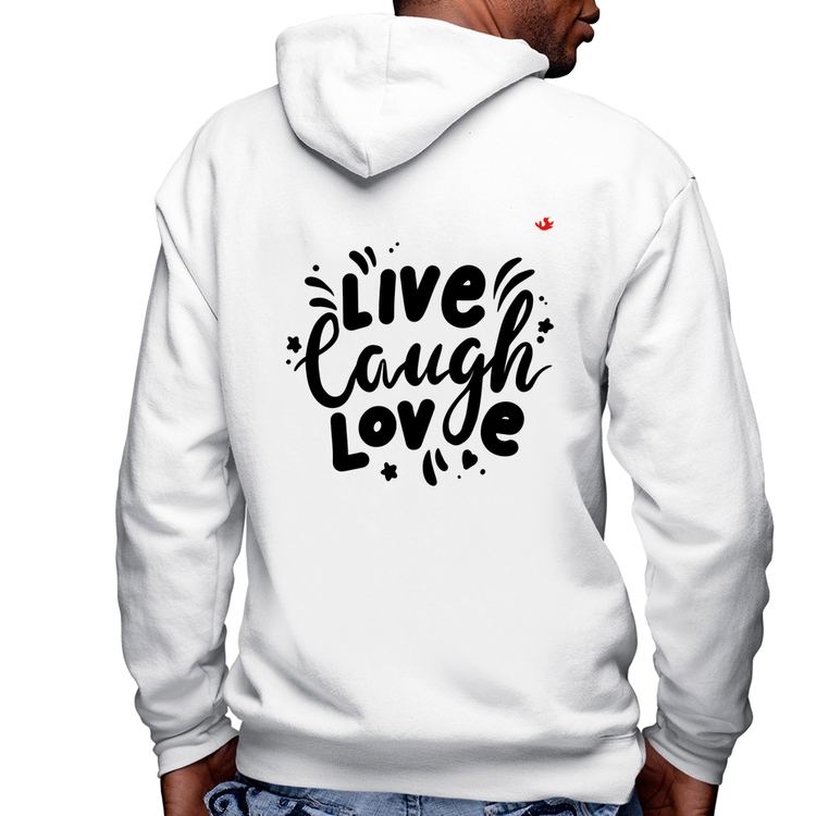 Blusa Moletom Live Laugh Love Masculina com Capuz e Zíper - Branca
