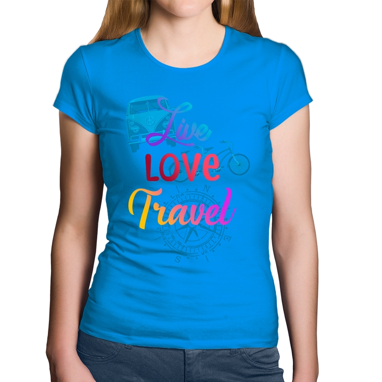 Baby Look Algodão Live Love Travel - Azul