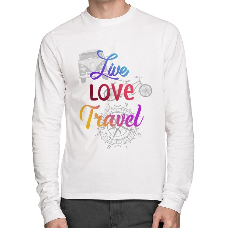 Camiseta Algodão Live Love Travel Manga Longa - Branca