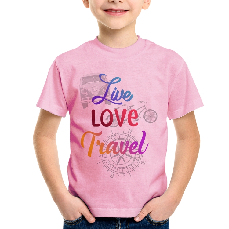 Camiseta Infantil Live Love Travel - Rosa Bebê