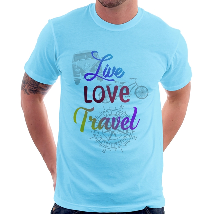 Camiseta Live Love Travel - Azul Bebê