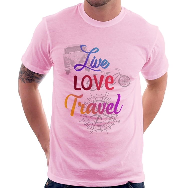 Camiseta Live Love Travel - Rosa Bebê