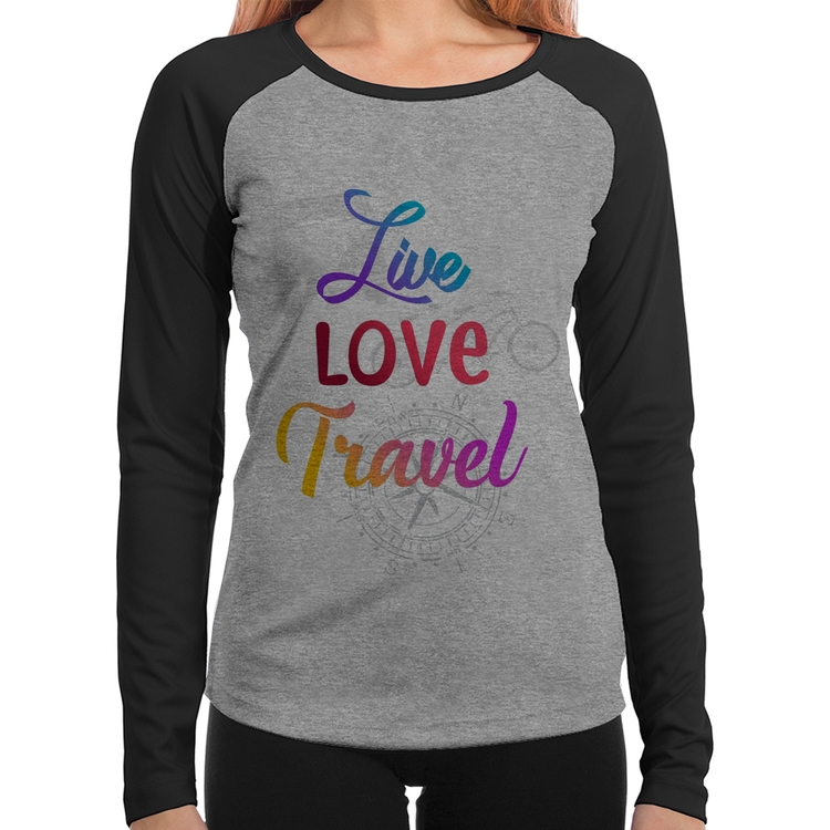 Baby Look Raglan Live Love Travel Manga Longa - Cinza/Preto