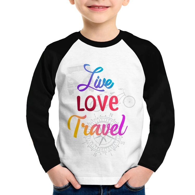 Camiseta Raglan Infantil Live Love Travel Manga Longa