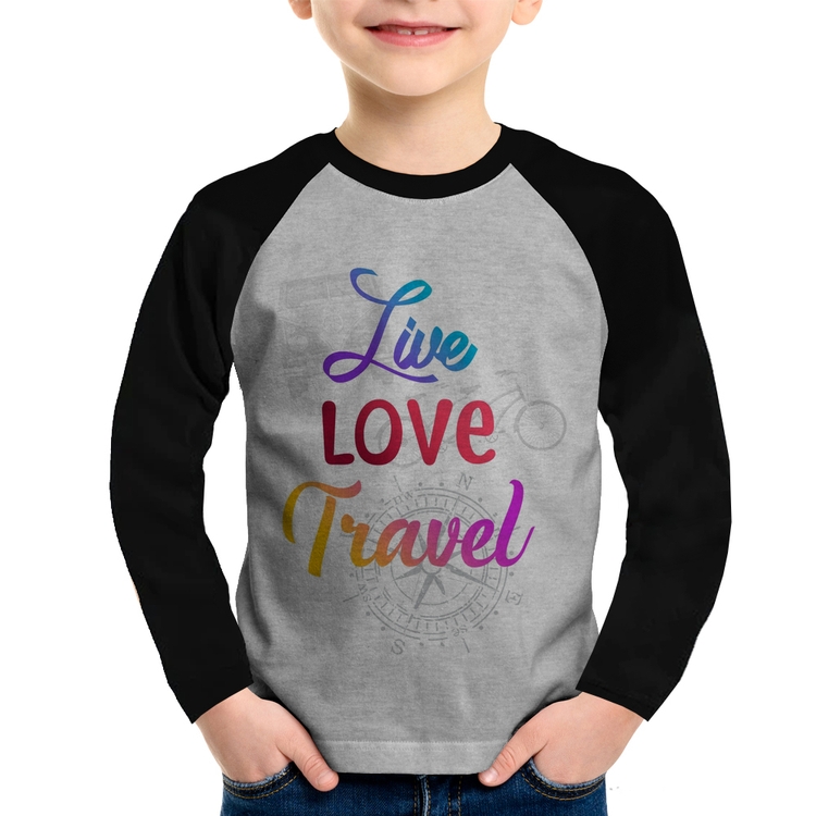 Camiseta Raglan Infantil Live Love Travel Manga Longa - Cinza/Preto