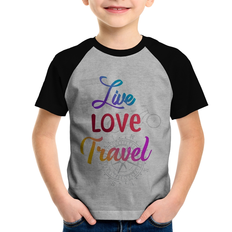 Camiseta Raglan Infantil Live Love Travel - Cinza/Preto