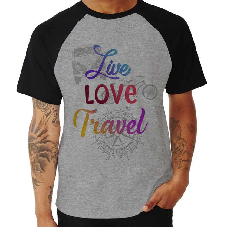 Camiseta Raglan Live Love Travel - Cinza/Preto