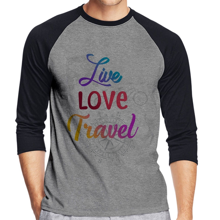 Camiseta Raglan Live Love Travel Manga 3/4 - Cinza/Preto