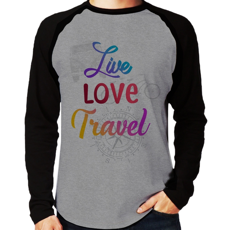 Camiseta Raglan Live Love Travel Manga Longa - Cinza/Preto