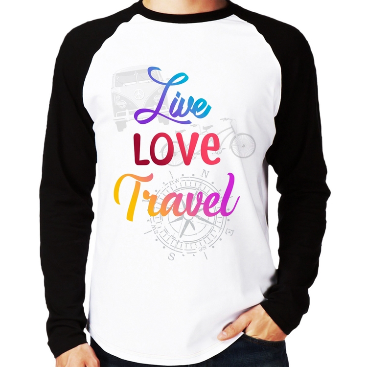 Camiseta Raglan Live Love Travel Manga Longa
