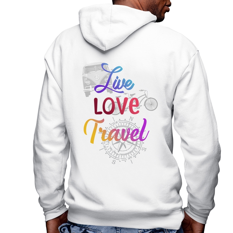 Blusa Moletom Live Love Travel Masculina com Capuz e Zíper - Branca