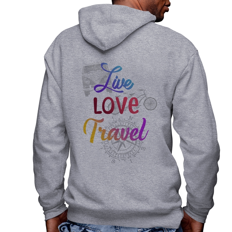 Blusa Moletom Live Love Travel Masculina com Capuz e Zíper - Mescla