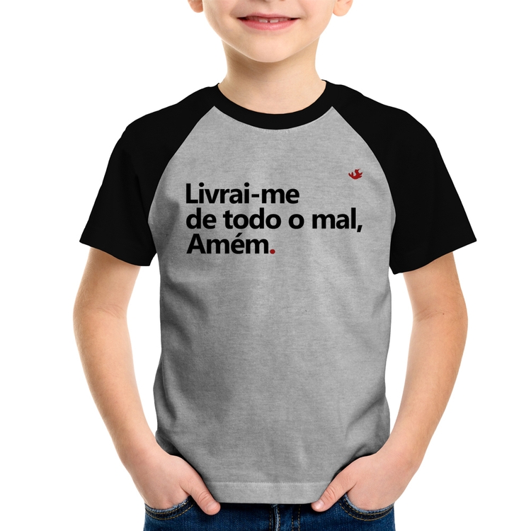 Camiseta Raglan Infantil Livrai-me de todo o mal, amém - Cinza/Preto