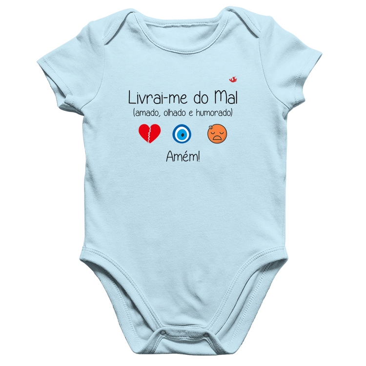 Body Bebê Algodão Livrai-me do mal (amado, olhado e humorado) - Azul Bebê