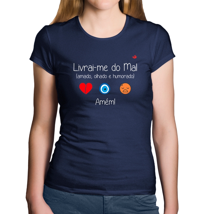 Baby Look Algodão Livrai-me do mal (amado, olhado e humorado) - Marinho